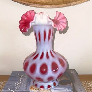 Vintage Fenton Cranberry Opalescent Coin Dot Ruffled Vase Pink & White Art Glass